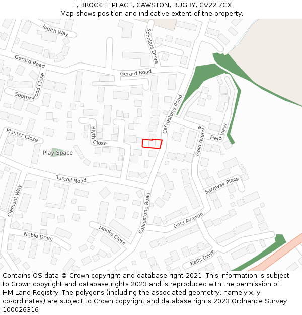 1, BROCKET PLACE, CAWSTON, RUGBY, CV22 7GX: Location map and indicative extent of plot
