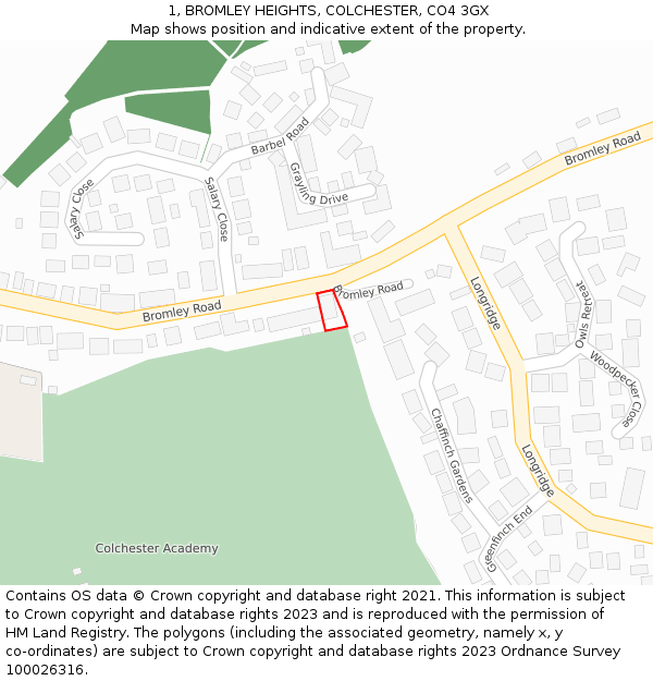 1, BROMLEY HEIGHTS, COLCHESTER, CO4 3GX: Location map and indicative extent of plot