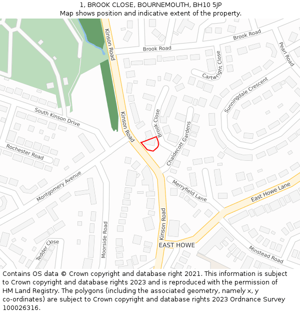 1, BROOK CLOSE, BOURNEMOUTH, BH10 5JP: Location map and indicative extent of plot