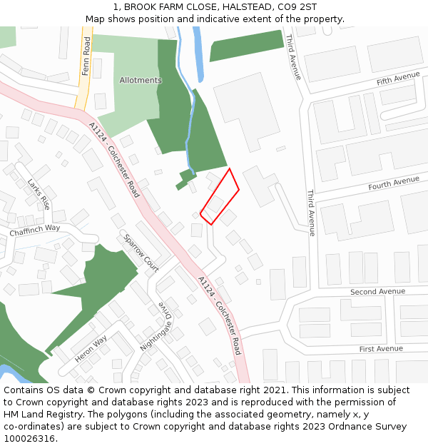1, BROOK FARM CLOSE, HALSTEAD, CO9 2ST: Location map and indicative extent of plot