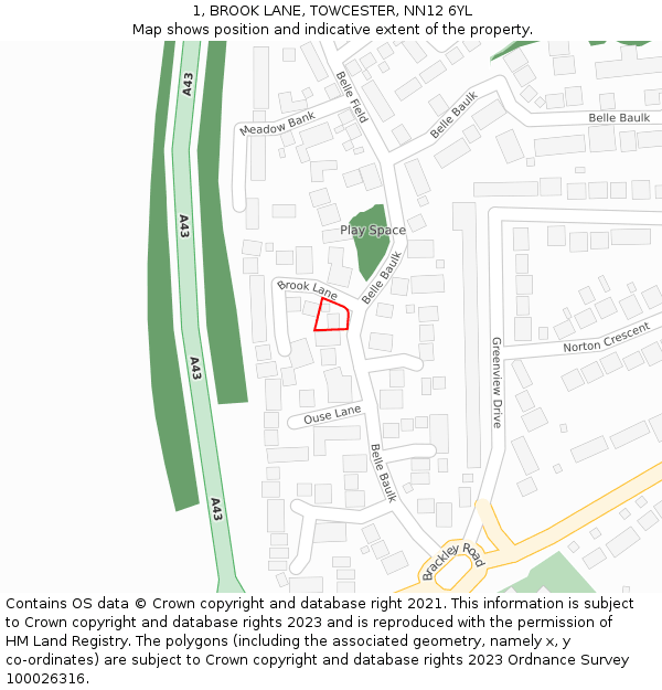 1, BROOK LANE, TOWCESTER, NN12 6YL: Location map and indicative extent of plot