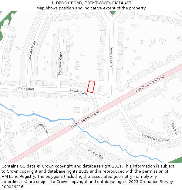 1, BROOK ROAD, BRENTWOOD, CM14 4PT: Location map and indicative extent of plot