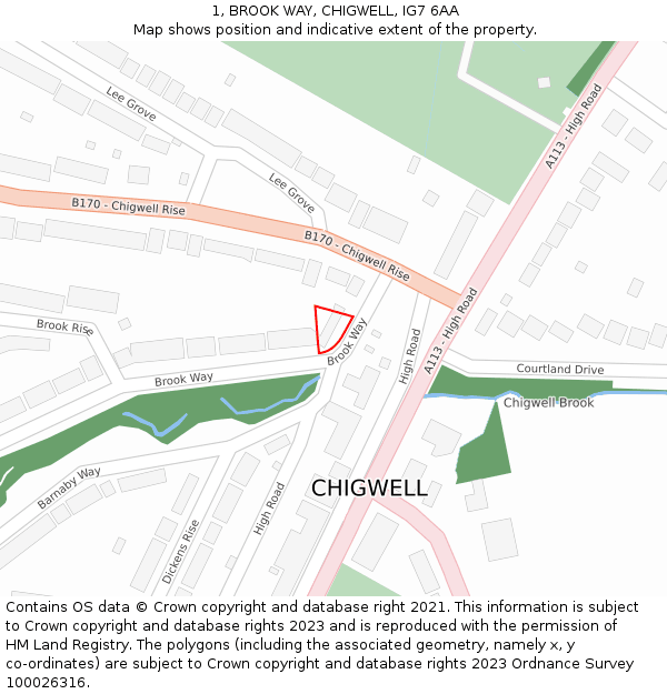 1, BROOK WAY, CHIGWELL, IG7 6AA: Location map and indicative extent of plot