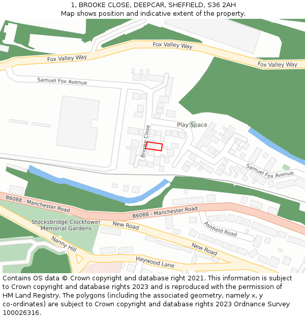 1, BROOKE CLOSE, DEEPCAR, SHEFFIELD, S36 2AH: Location map and indicative extent of plot