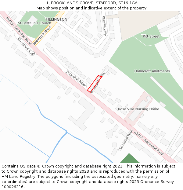 1, BROOKLANDS GROVE, STAFFORD, ST16 1GA: Location map and indicative extent of plot