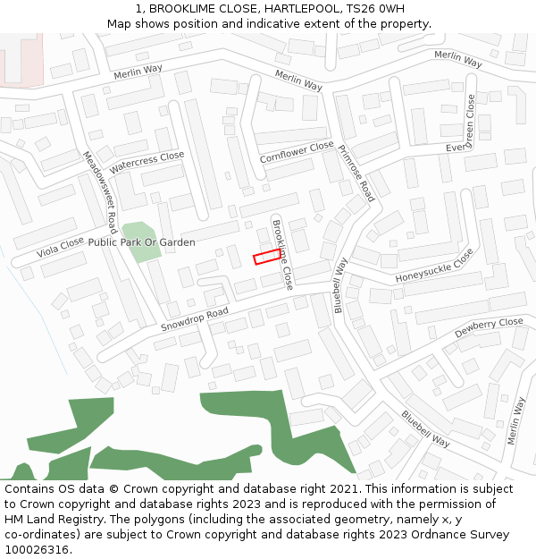 1, BROOKLIME CLOSE, HARTLEPOOL, TS26 0WH: Location map and indicative extent of plot