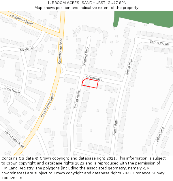 1, BROOM ACRES, SANDHURST, GU47 8PN: Location map and indicative extent of plot
