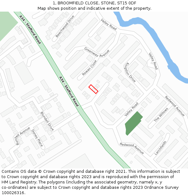 1, BROOMFIELD CLOSE, STONE, ST15 0DF: Location map and indicative extent of plot