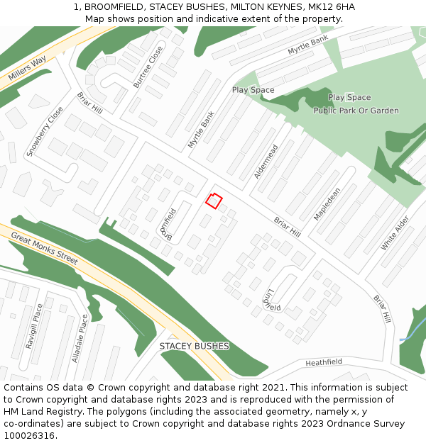 1, BROOMFIELD, STACEY BUSHES, MILTON KEYNES, MK12 6HA: Location map and indicative extent of plot