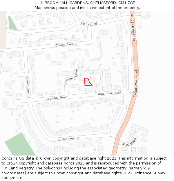1, BROOMHALL GARDENS, CHELMSFORD, CM1 7GE: Location map and indicative extent of plot