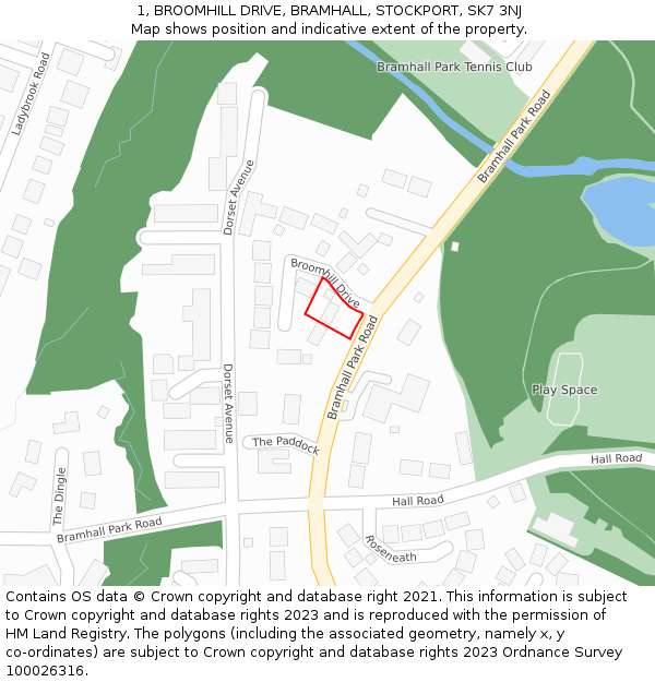 1, BROOMHILL DRIVE, BRAMHALL, STOCKPORT, SK7 3NJ: Location map and indicative extent of plot