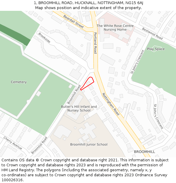1, BROOMHILL ROAD, HUCKNALL, NOTTINGHAM, NG15 6AJ: Location map and indicative extent of plot