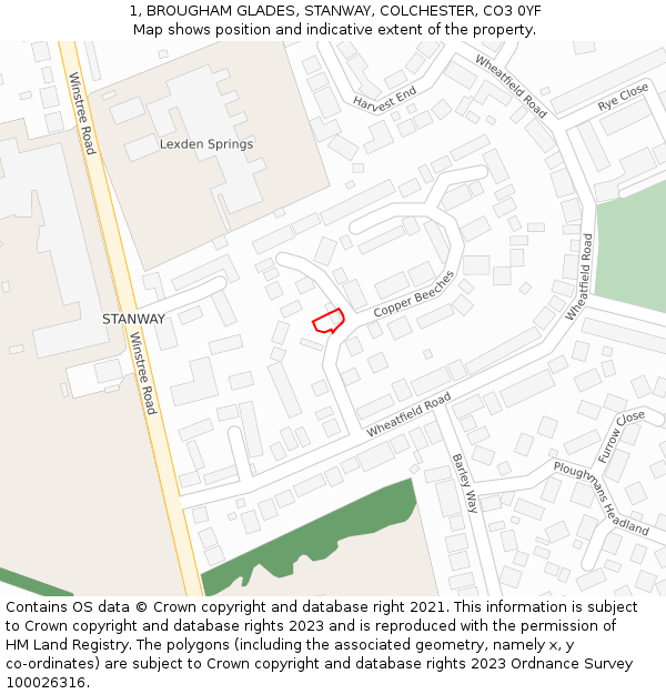 1, BROUGHAM GLADES, STANWAY, COLCHESTER, CO3 0YF: Location map and indicative extent of plot