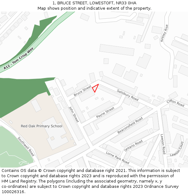 1, BRUCE STREET, LOWESTOFT, NR33 0HA: Location map and indicative extent of plot