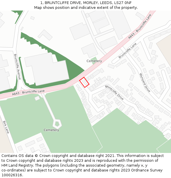 1, BRUNTCLIFFE DRIVE, MORLEY, LEEDS, LS27 0NF: Location map and indicative extent of plot