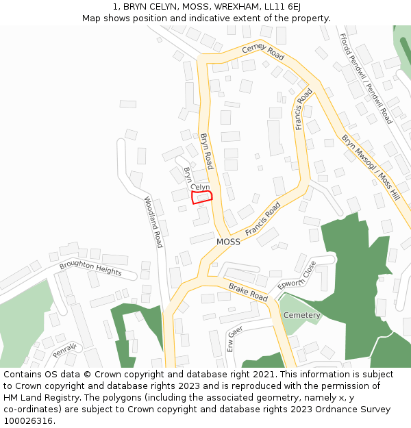 1, BRYN CELYN, MOSS, WREXHAM, LL11 6EJ: Location map and indicative extent of plot