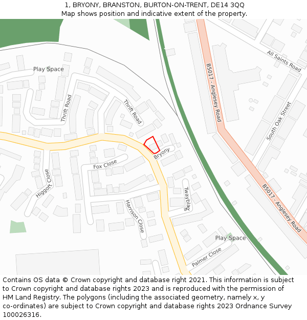 1, BRYONY, BRANSTON, BURTON-ON-TRENT, DE14 3QQ: Location map and indicative extent of plot