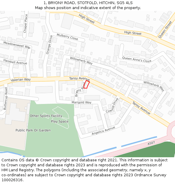 1, BRYONY ROAD, STOTFOLD, HITCHIN, SG5 4LS: Location map and indicative extent of plot