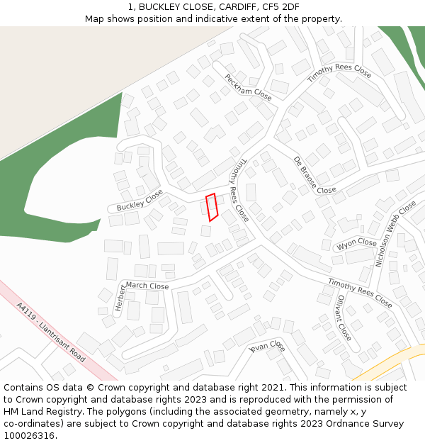 1, BUCKLEY CLOSE, CARDIFF, CF5 2DF: Location map and indicative extent of plot