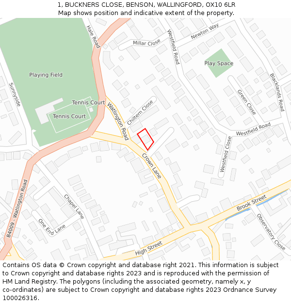 1, BUCKNERS CLOSE, BENSON, WALLINGFORD, OX10 6LR: Location map and indicative extent of plot