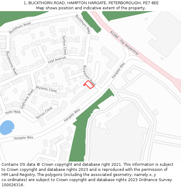 1, BUCKTHORN ROAD, HAMPTON HARGATE, PETERBOROUGH, PE7 8EE: Location map and indicative extent of plot