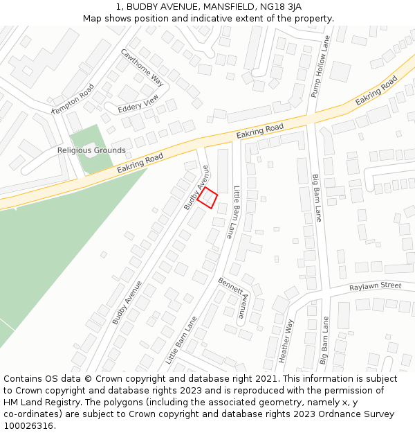 1, BUDBY AVENUE, MANSFIELD, NG18 3JA: Location map and indicative extent of plot