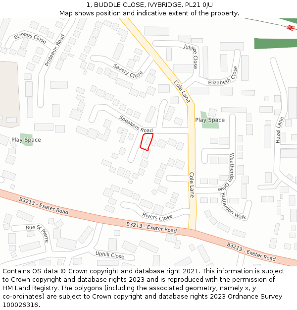 1, BUDDLE CLOSE, IVYBRIDGE, PL21 0JU: Location map and indicative extent of plot