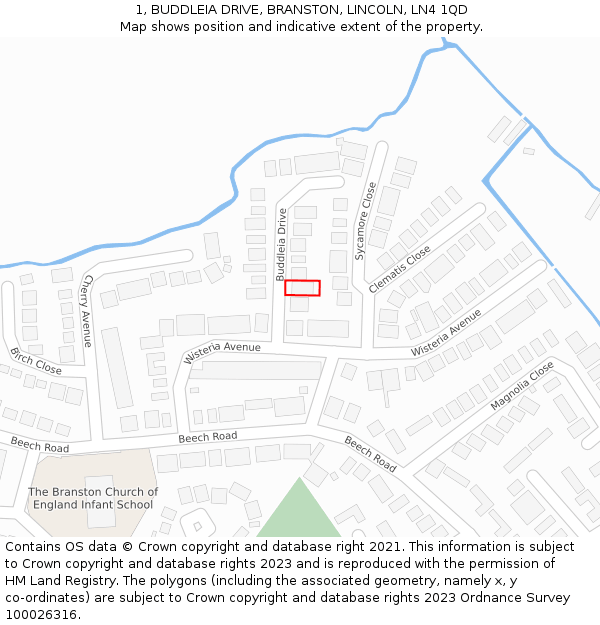 1, BUDDLEIA DRIVE, BRANSTON, LINCOLN, LN4 1QD: Location map and indicative extent of plot