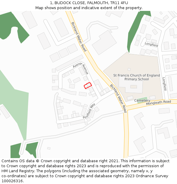 1, BUDOCK CLOSE, FALMOUTH, TR11 4FU: Location map and indicative extent of plot