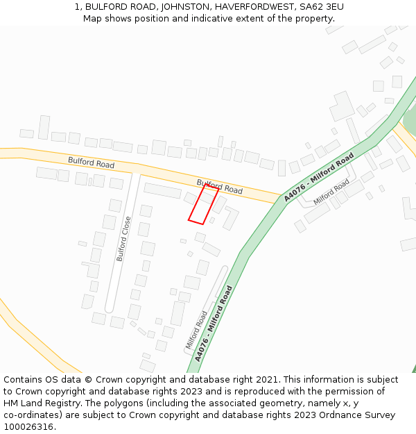 1, BULFORD ROAD, JOHNSTON, HAVERFORDWEST, SA62 3EU: Location map and indicative extent of plot