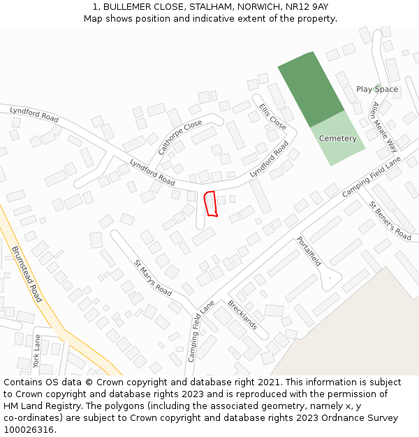 1, BULLEMER CLOSE, STALHAM, NORWICH, NR12 9AY: Location map and indicative extent of plot