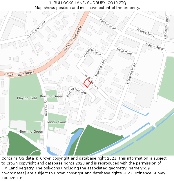 1, BULLOCKS LANE, SUDBURY, CO10 2TQ: Location map and indicative extent of plot