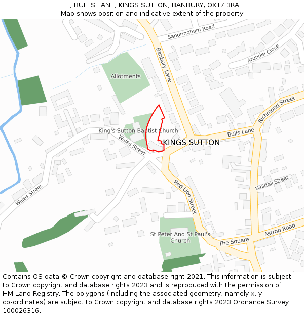 1, BULLS LANE, KINGS SUTTON, BANBURY, OX17 3RA: Location map and indicative extent of plot