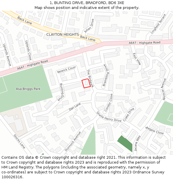 1, BUNTING DRIVE, BRADFORD, BD6 3XE: Location map and indicative extent of plot