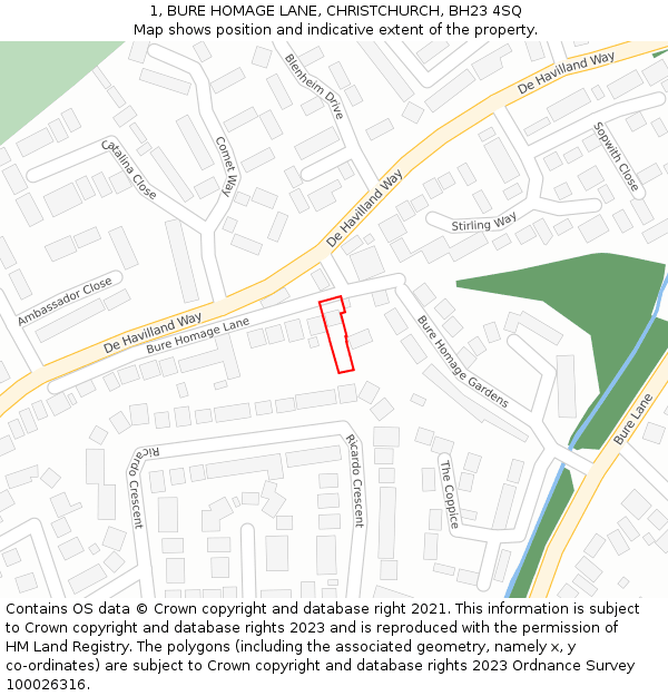 1, BURE HOMAGE LANE, CHRISTCHURCH, BH23 4SQ: Location map and indicative extent of plot