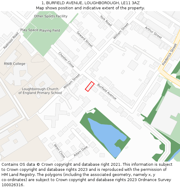 1, BURFIELD AVENUE, LOUGHBOROUGH, LE11 3AZ: Location map and indicative extent of plot
