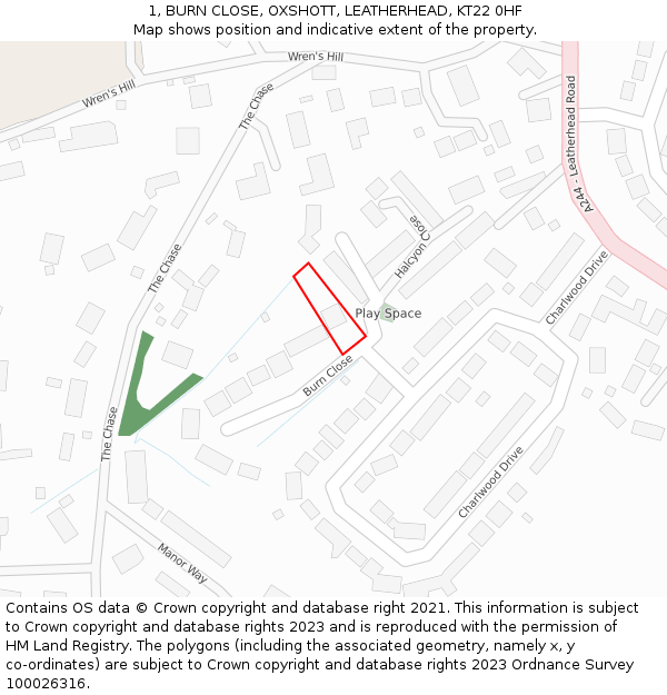 1, BURN CLOSE, OXSHOTT, LEATHERHEAD, KT22 0HF: Location map and indicative extent of plot