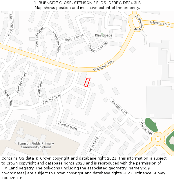 1, BURNSIDE CLOSE, STENSON FIELDS, DERBY, DE24 3LR: Location map and indicative extent of plot