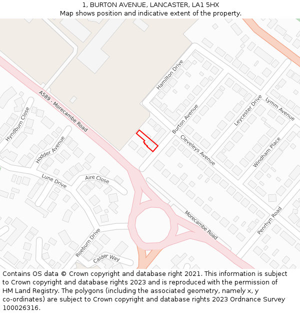 1, BURTON AVENUE, LANCASTER, LA1 5HX: Location map and indicative extent of plot