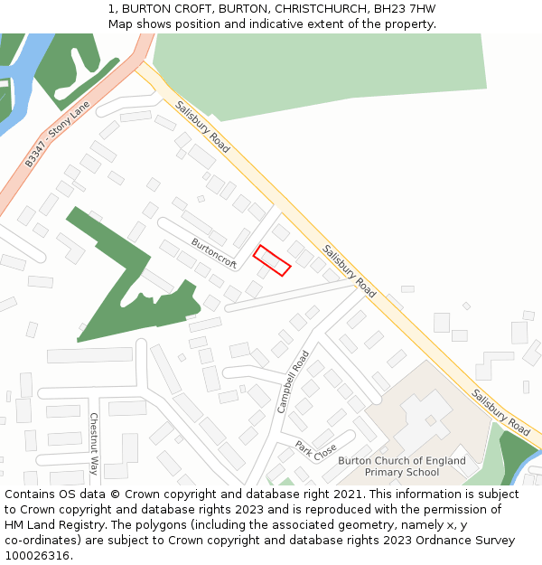 1, BURTON CROFT, BURTON, CHRISTCHURCH, BH23 7HW: Location map and indicative extent of plot