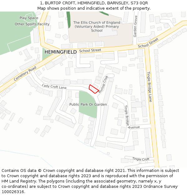 1, BURTOP CROFT, HEMINGFIELD, BARNSLEY, S73 0QR: Location map and indicative extent of plot