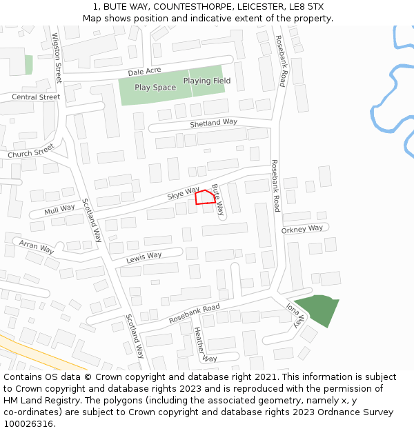 1, BUTE WAY, COUNTESTHORPE, LEICESTER, LE8 5TX: Location map and indicative extent of plot