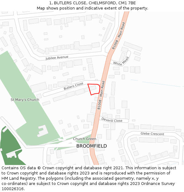 1, BUTLERS CLOSE, CHELMSFORD, CM1 7BE: Location map and indicative extent of plot