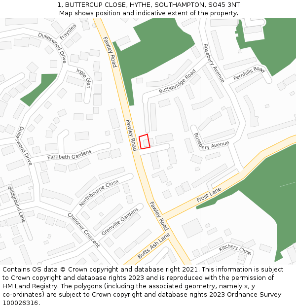 1, BUTTERCUP CLOSE, HYTHE, SOUTHAMPTON, SO45 3NT: Location map and indicative extent of plot
