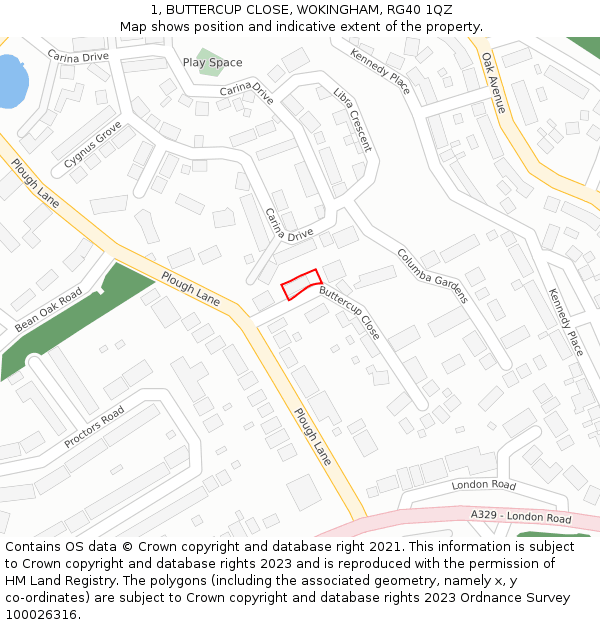1, BUTTERCUP CLOSE, WOKINGHAM, RG40 1QZ: Location map and indicative extent of plot