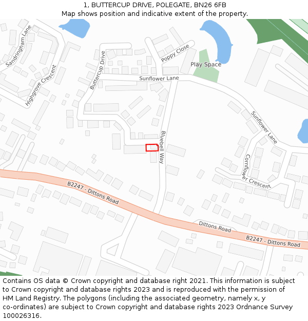 1, BUTTERCUP DRIVE, POLEGATE, BN26 6FB: Location map and indicative extent of plot