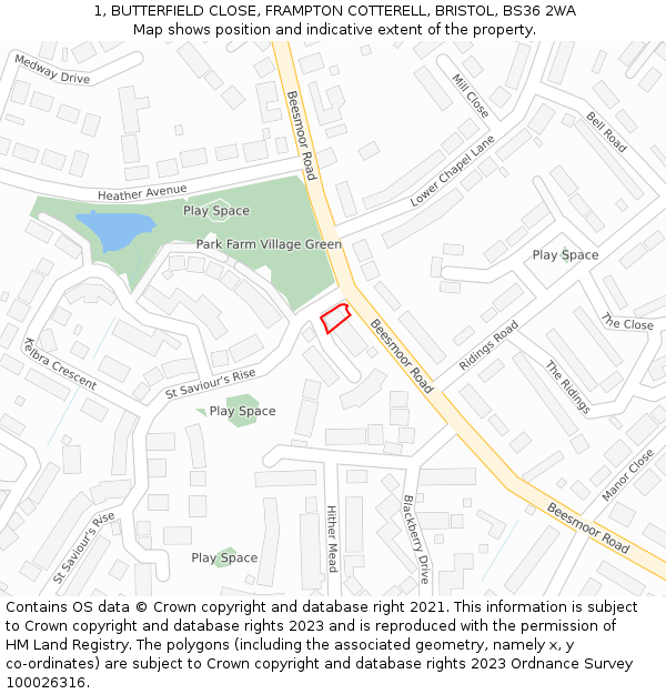 1, BUTTERFIELD CLOSE, FRAMPTON COTTERELL, BRISTOL, BS36 2WA: Location map and indicative extent of plot