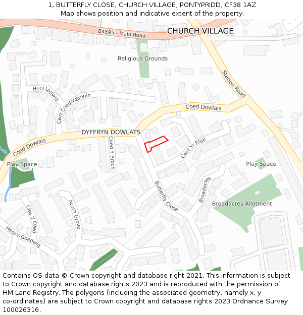 1, BUTTERFLY CLOSE, CHURCH VILLAGE, PONTYPRIDD, CF38 1AZ: Location map and indicative extent of plot