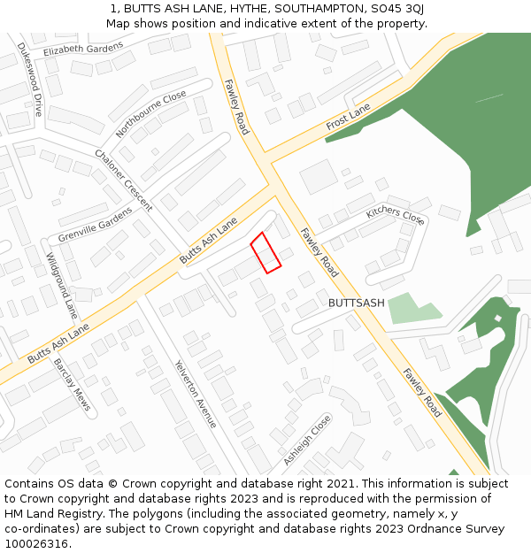 1, BUTTS ASH LANE, HYTHE, SOUTHAMPTON, SO45 3QJ: Location map and indicative extent of plot