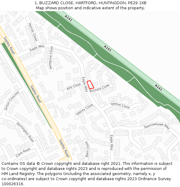 1, BUZZARD CLOSE, HARTFORD, HUNTINGDON, PE29 1XB: Location map and indicative extent of plot